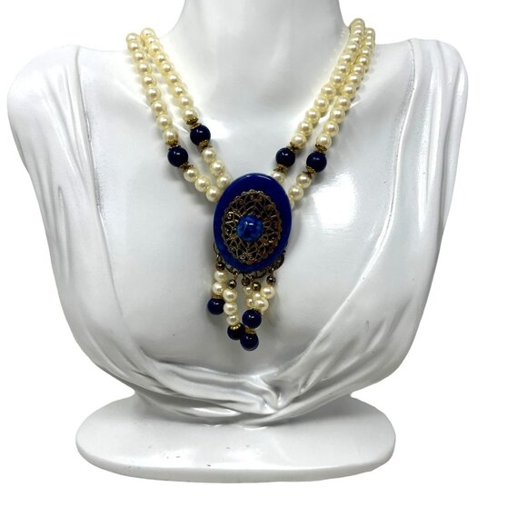 Handmade Statement Necklace Faux Pearl Blue Pendant Gold Tone Accents - Picture 1 of 10